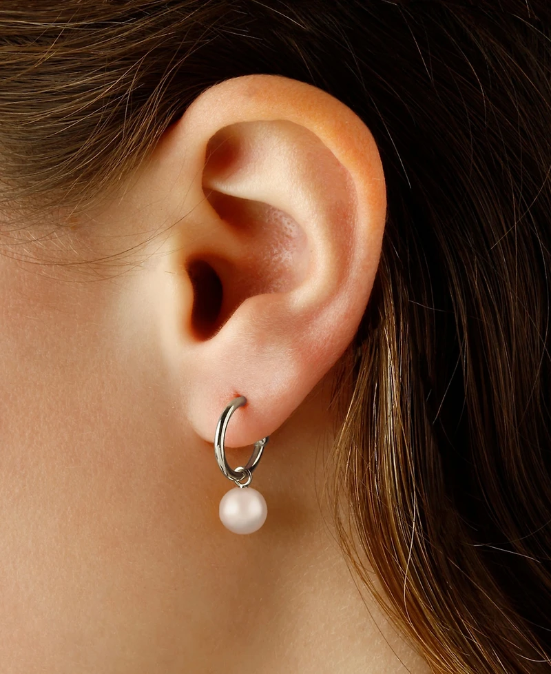 Pearl (6 mm) Drop Hoop Earrings Set 14k Yellow Gold
