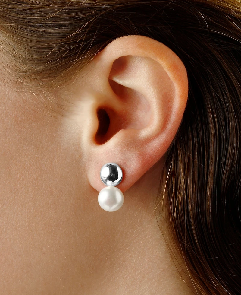 Flat Ball Pearl (8 1/2 mm) Drop Earrings Set 14k Yellow Gold