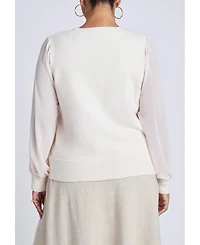 Eloquii Women's Plus Sheer Sleeve V-Neck Sweater