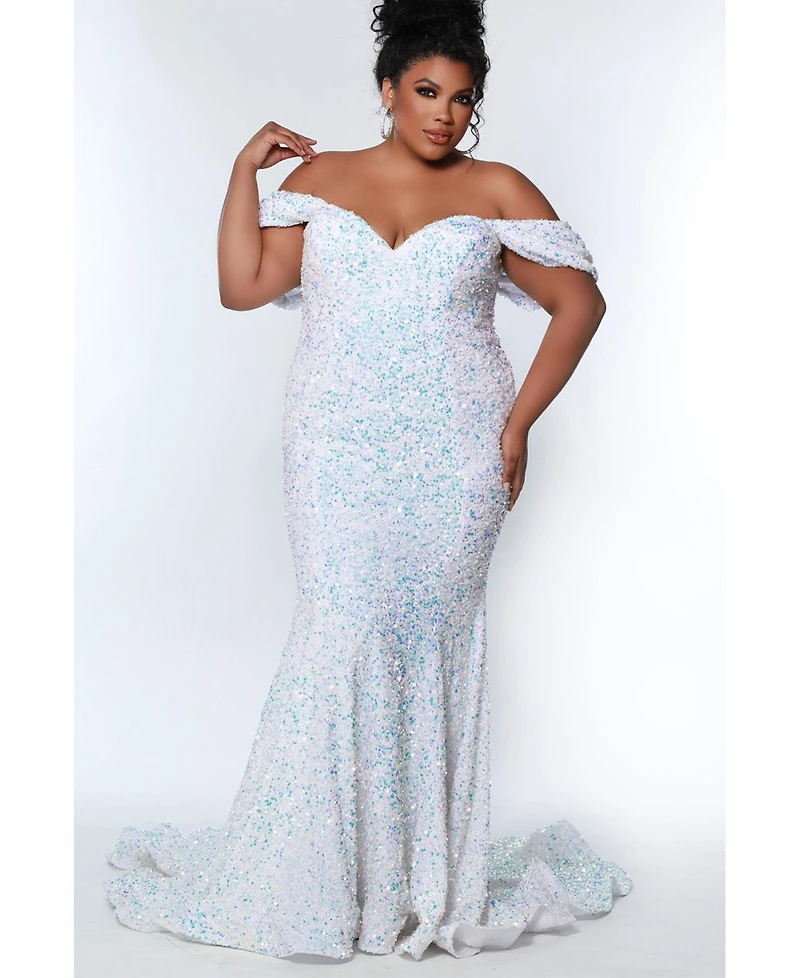Johnathan Kayne for Sydney's Closet Women's Off the Shoulder Plus Sequin Velvet Fitted Formal Gown