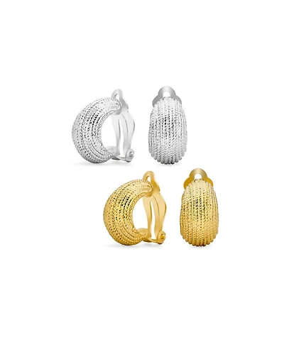 Bling Jewelry Set of 2 Ribbed Stripe Half Hoop Clip-On Earrings for Non-Pierced Gold Tone