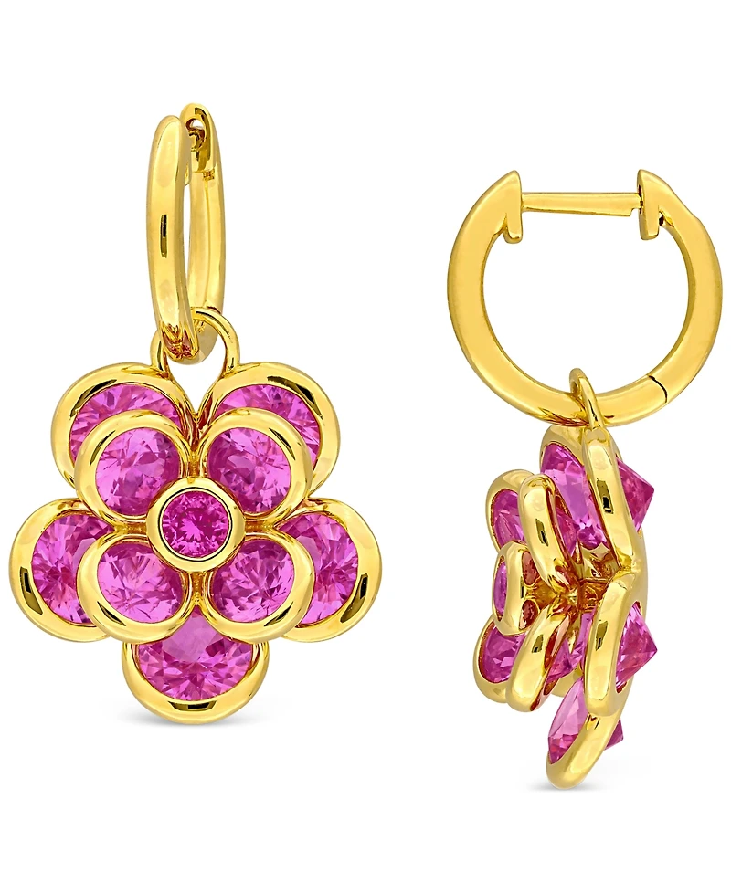 Lab Created Pink Sapphire Flower Charm Hoop Earrings (7-1/2 ct. t.w.) in 18k Gold-Flash Over Silver
