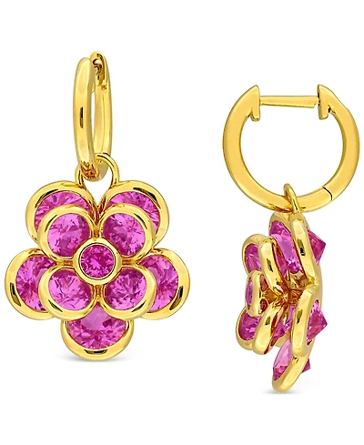 Lab Created Pink Sapphire Flower Charm Hoop Earrings (7-1/2 ct. t.w.) in 18k Gold-Flash Over Silver