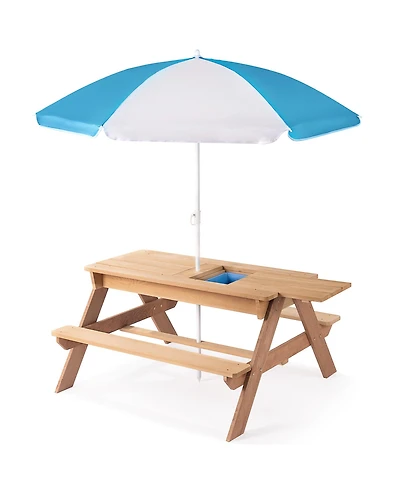 Cesicia 3-in-1 Kids Outdoor Wooden Picnic Table With Umbrella, Convertible Sand & Wate