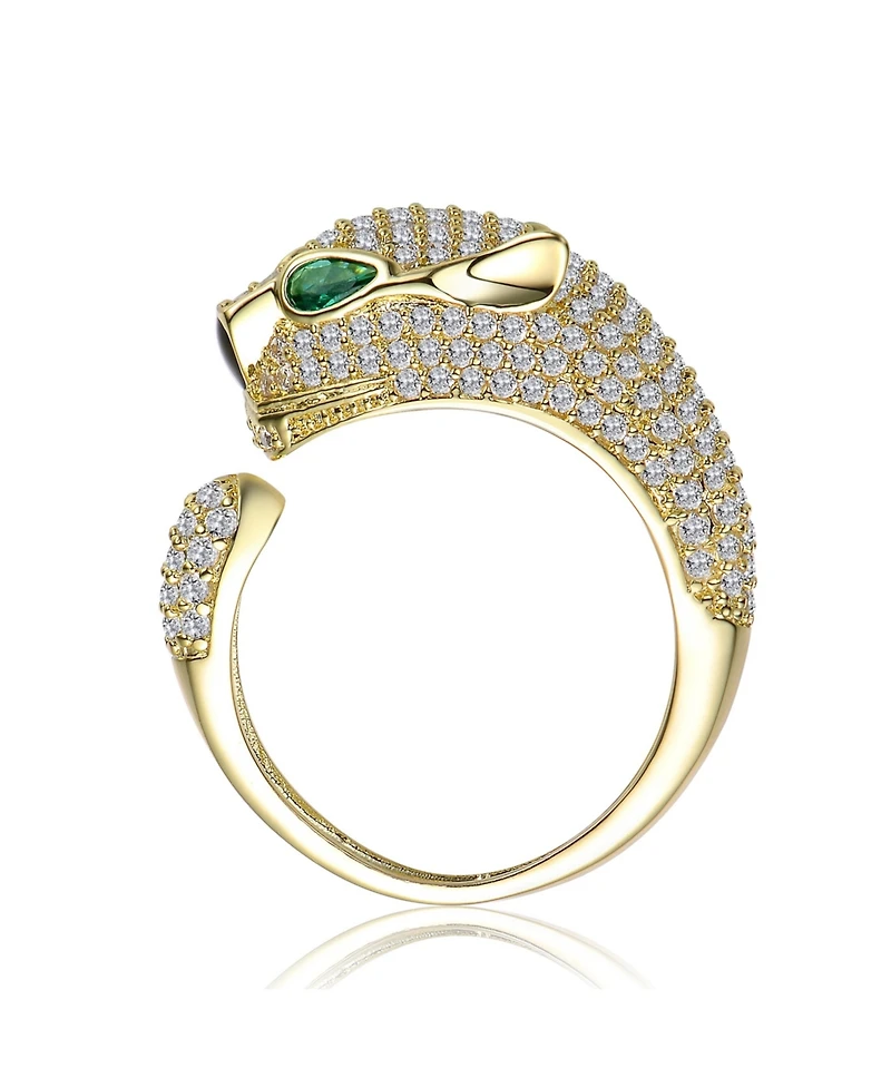 Rachel Glauber Panther Head with Green & Clear Cubic Zirconia Open Band Ring