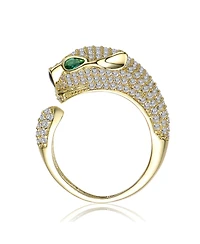 Rachel Glauber Panther Head with Green & Clear Cubic Zirconia Open Band Ring