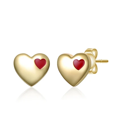 Rachel Glauber 14K Gold Plated with Red Enamel Heart Stud Earrings