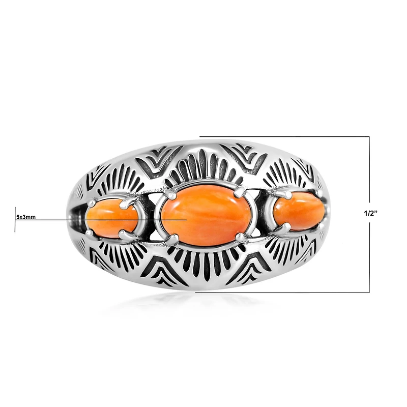American West Jewelry Sterling Silver Orange Spiny Oyster 3-Stone Oval Band Ring, 10