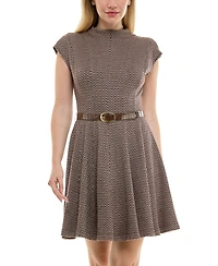 Taylor Petite Jacquard Mock-Neck Belted Fit & Flare Dress
