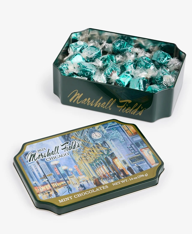 Frango Chocolates Marshall Field's Holiday Clock Tin Milk Mint Chocolates,  14 Oz