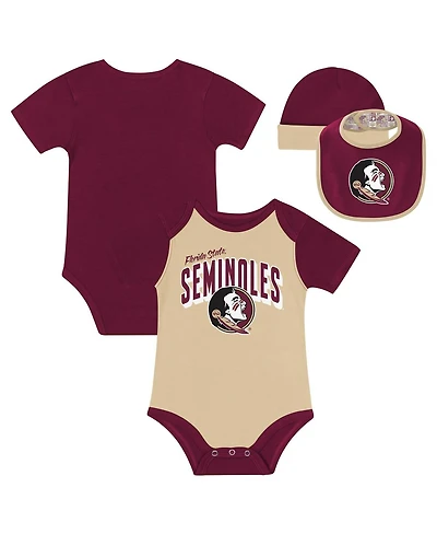 Outerstuff Baby Boys and Girls 3-Piece Florida State Seminoles Dynamic Duo Bodysuit, Bib Cuffed Knit Hat Set