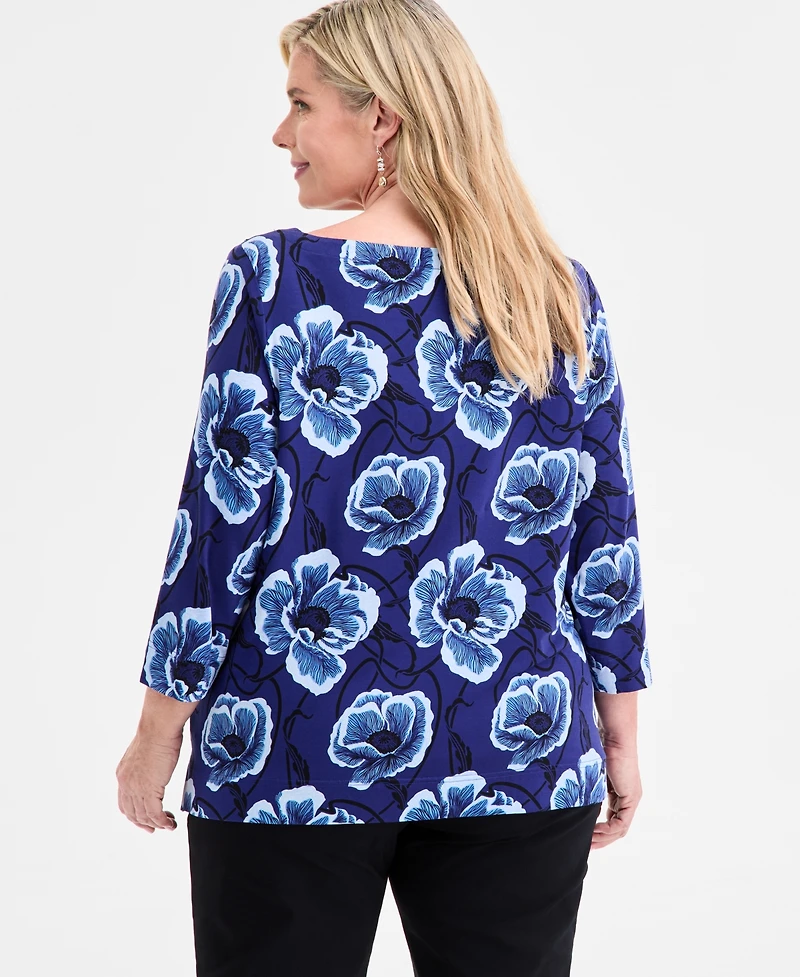 Jm Collection Plus Printed 3/4-Sleeve Top