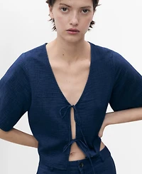 Mango Women's Bows Detail Flowy Denim Top