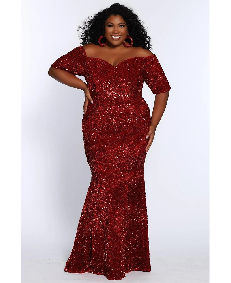 Johnathan Kayne for Sydney's Closet Women's Velvet Sequin Short Sleeve Plus Evening Gown