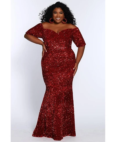 Johnathan Kayne for Sydney's Closet Women's Velvet Sequin Short Sleeve Plus Evening Gown