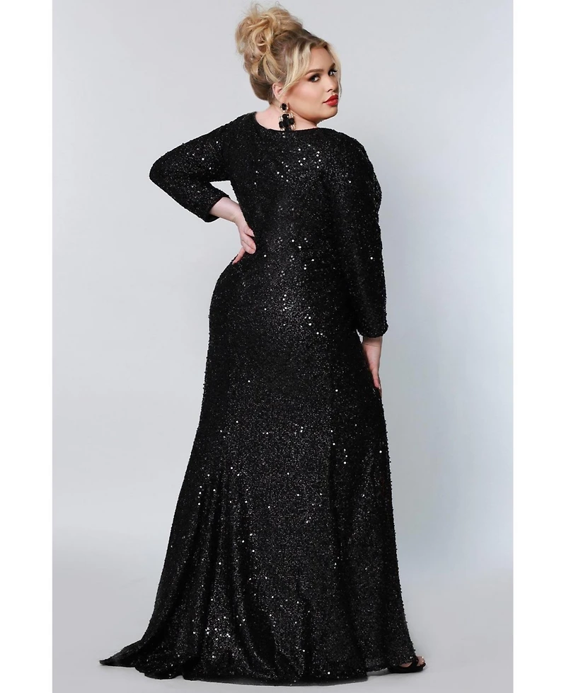 Sydney's Closet Women's Long Sleeve Fitted Scoop Neck Sequin Plus Gown