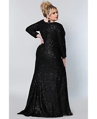 Sydney's Closet Women's Long Sleeve Fitted Scoop Neck Sequin Plus Gown