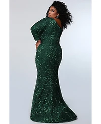 Sydney's Closet Women's One-Shoulder Long Sleeve Sequin Gown