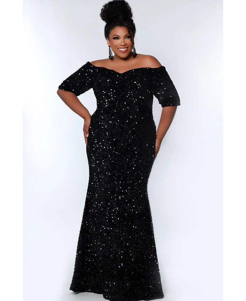 Johnathan Kayne for Sydney's Closet Women's Velvet Sequin Short Sleeve Plus Size Evening Gown