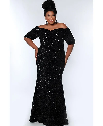 Johnathan Kayne for Sydney's Closet Women's Velvet Sequin Short Sleeve Plus Size Evening Gown