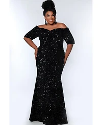 Johnathan Kayne for Sydney's Closet Women's Velvet Sequin Short Sleeve Plus Size Evening Gown