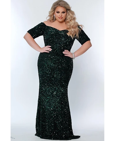 Johnathan Kayne for Sydney's Closet Women's Velvet Sequin Short Sleeve Plus Evening Gown