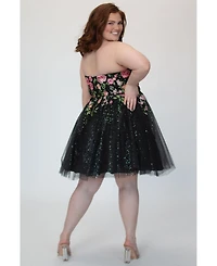 Sydney's Closet Women's Strapless Floral Embroidered Short Party Dress
