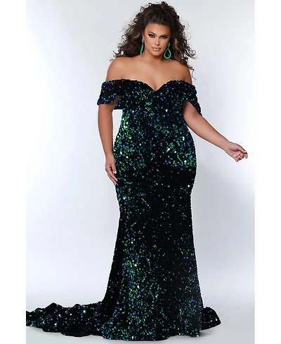 Johnathan Kayne for Sydney's Closet Women's Off the Shoulder Plus Sequin Velvet Fitted Formal Gown