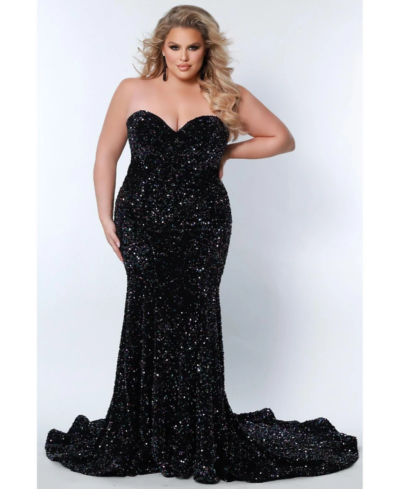 Johnathan Kayne for Sydney's Closet Women's Off the Shoulder Plus Sequin Velvet Fitted Formal Gown