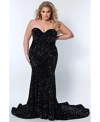 Johnathan Kayne for Sydney's Closet Women's Off the Shoulder Plus Sequin Velvet Fitted Formal Gown