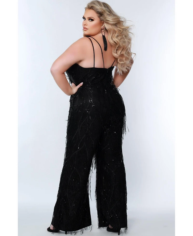 Sydney's Closet Women's Sequin Jumpsuit with Fringe