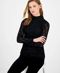 Anne Klein Women's Glitter Long-Sleeve Mock-Neck Top