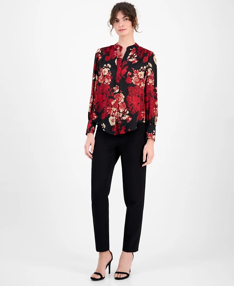 Anne Klein Women's Floral-Print Split-Neck Blouse
