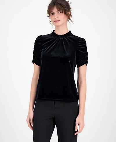 Anne Klein Women's Velour Ruffle-Neck Short-Sleeve Top