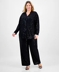 Anne Klein Plus Sequin Pinstripe Drop-Shoulder Tunic Shirt