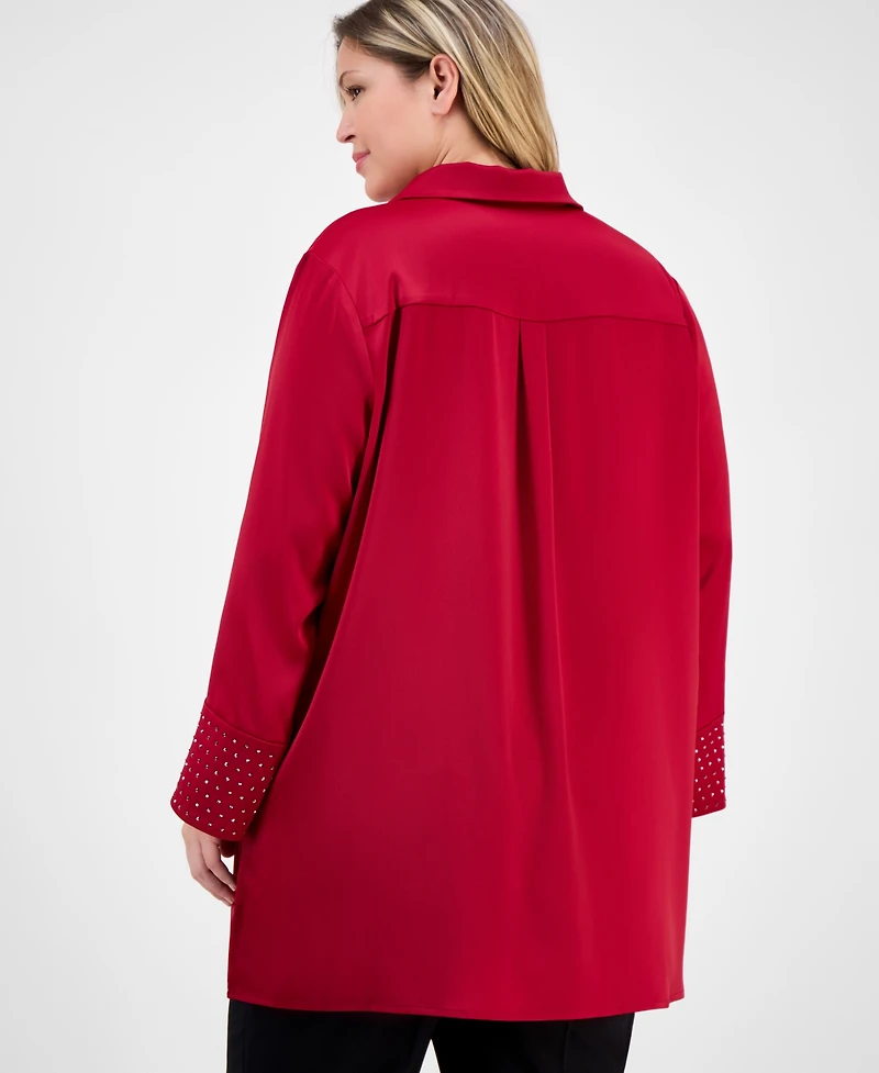 Anne Klein Plus Satin-Collar Embellished-Cuff Tunic