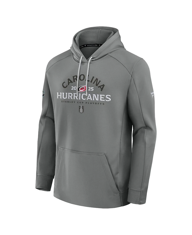 Fanatics Men's Gray Carolina Hurricanes 2025 Stanley Cup Playoffs Authentic Pro Rink Fly Fleece Pullover Hoodie