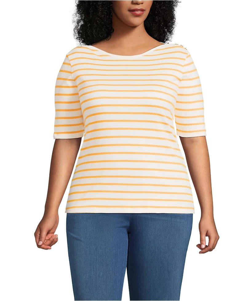 Lands' End Plus Supima Cotton Elbow Sleeve Boatneck Button Shoulder Tee