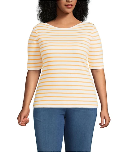 Lands' End Plus Supima Cotton Elbow Sleeve Boatneck Button Shoulder Tee