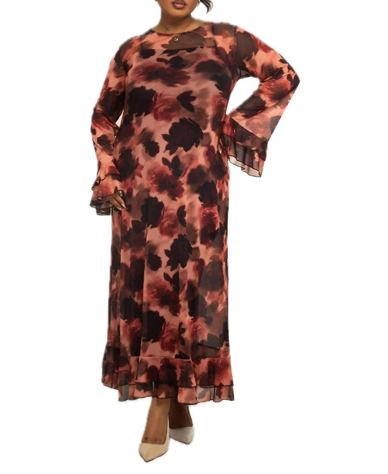 Fashion-szn Curve Women's Floral Print Mesh Maxi Dress