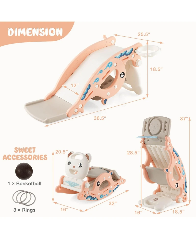 Gymax 4-in-1 Kids Slide Rocking Toy Slide Rocking Horse w/Basketball Hoop Rings