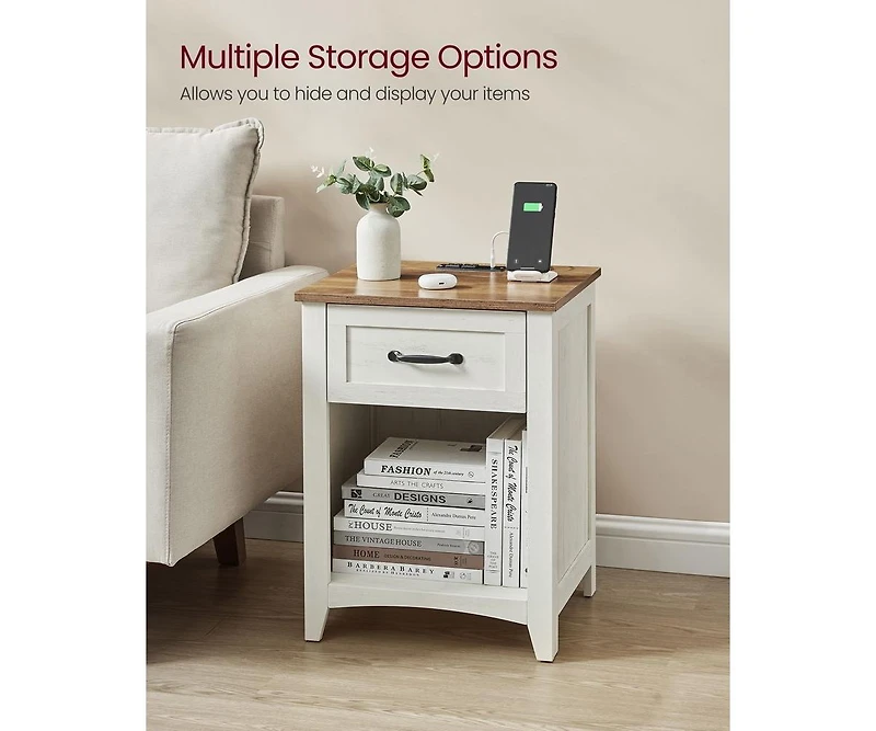 Farmhouse Nightstand with Drawer, Shelf, and Charging Station, Set of Bedside Tables