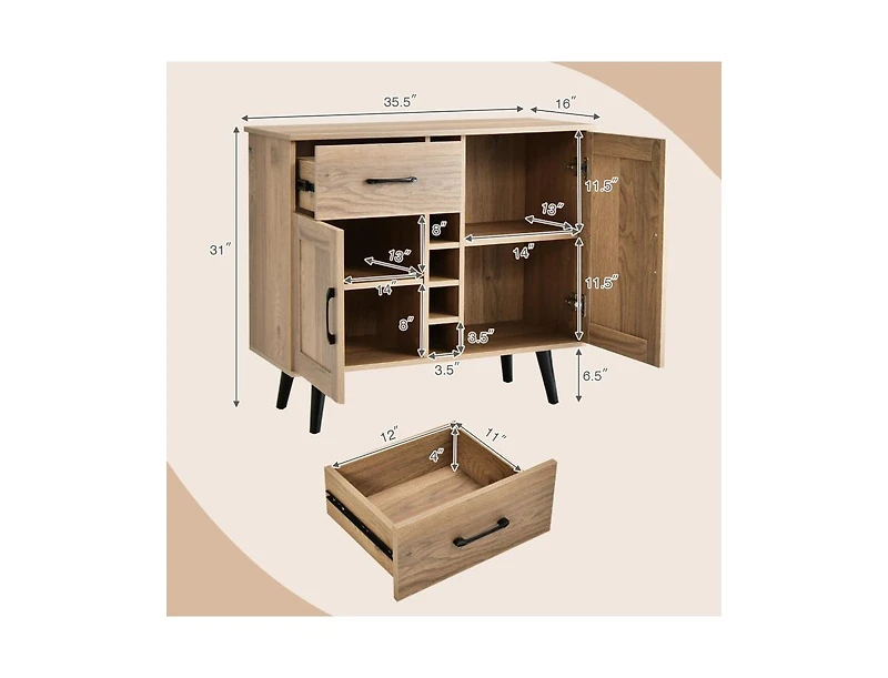 Buffet Sideboard with 2 Doors, Drawer, and Built-In 6-Bottle Wine Rack