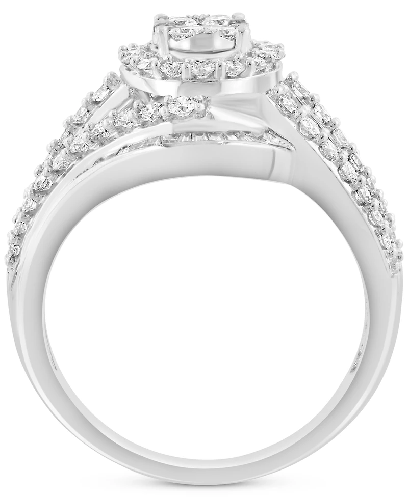 Effy Diamond Round & Baguette Swirl Halo Cluster Ring (1-1/5 ct. t.w.) in 14k White Gold