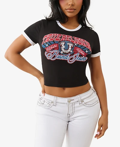 True Religion Women's Crystal Contrast Ringer Crew Neck T-Shirt