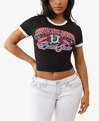 True Religion Women's Crystal Contrast Ringer Crew Neck T-Shirt