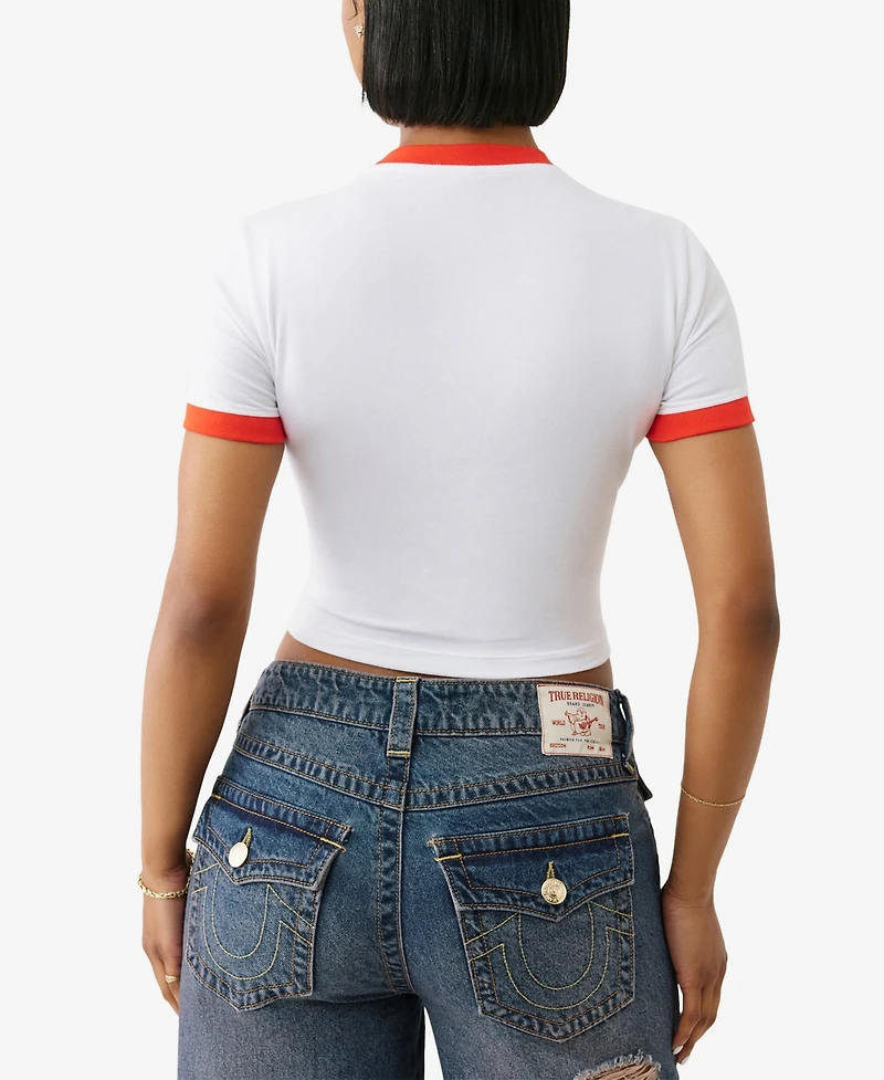 True Religion Women's Crystal Contrast Ringer Crew Neck T-Shirt