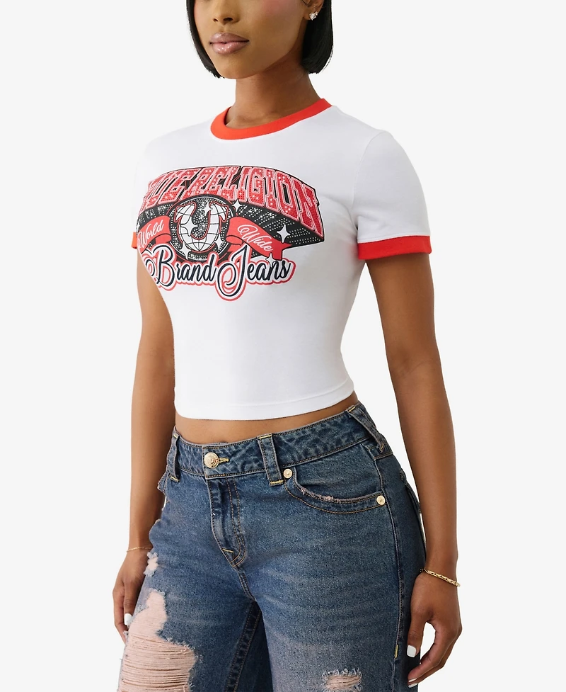 True Religion Women's Crystal Contrast Ringer Crew Neck T-Shirt