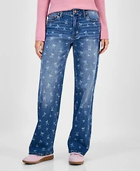 Tinseltown Juniors' Mid-Rise Bow-Print Baggy Jeans