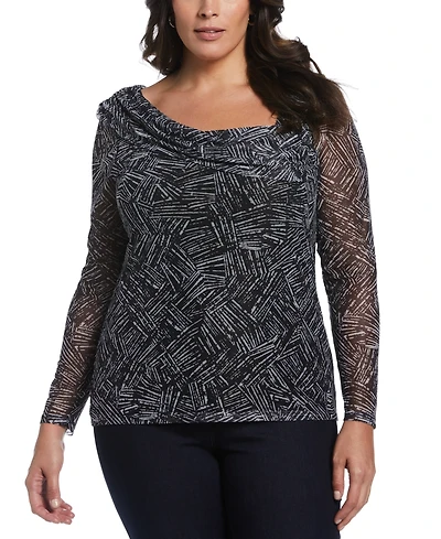 Ella Rafaella Plus Printed Asymmetrical Mesh Top